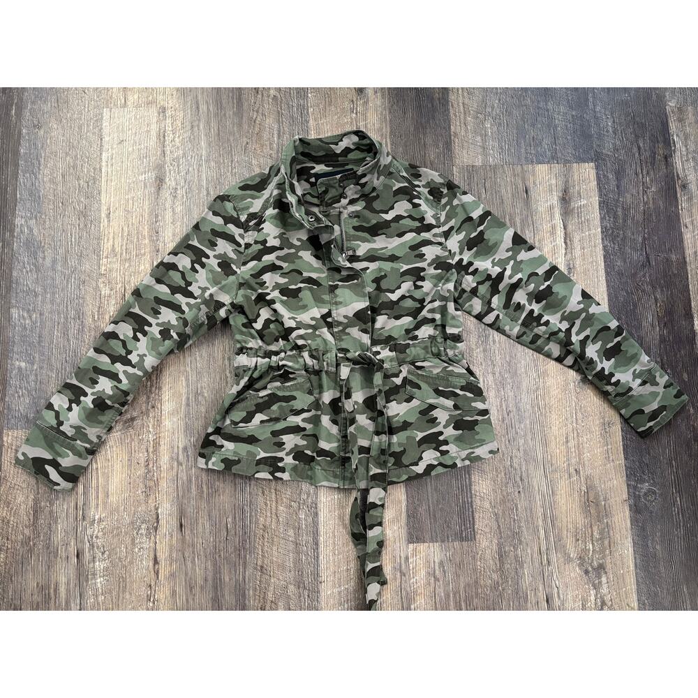 Banana Republic Womens Camo Utility Jacket‎ Green Petite XS Full Zip Tie Waist